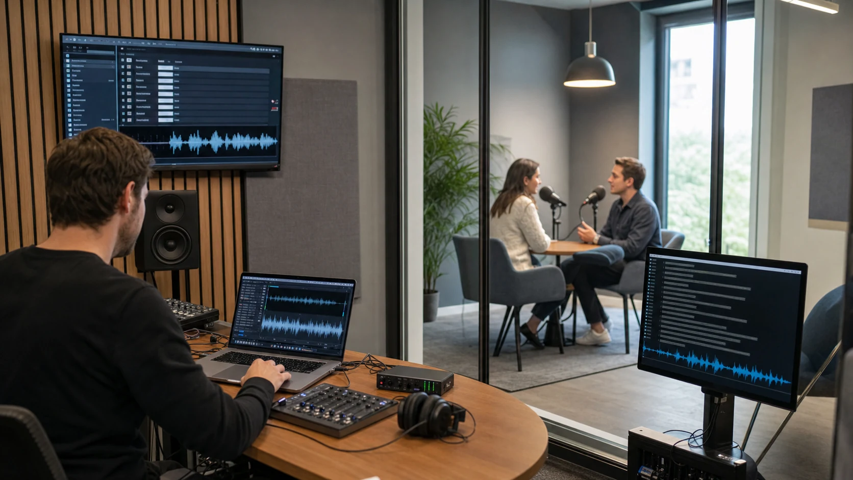 A realistic studio showing completed-file transcription on one side and live speech-to-text on the other