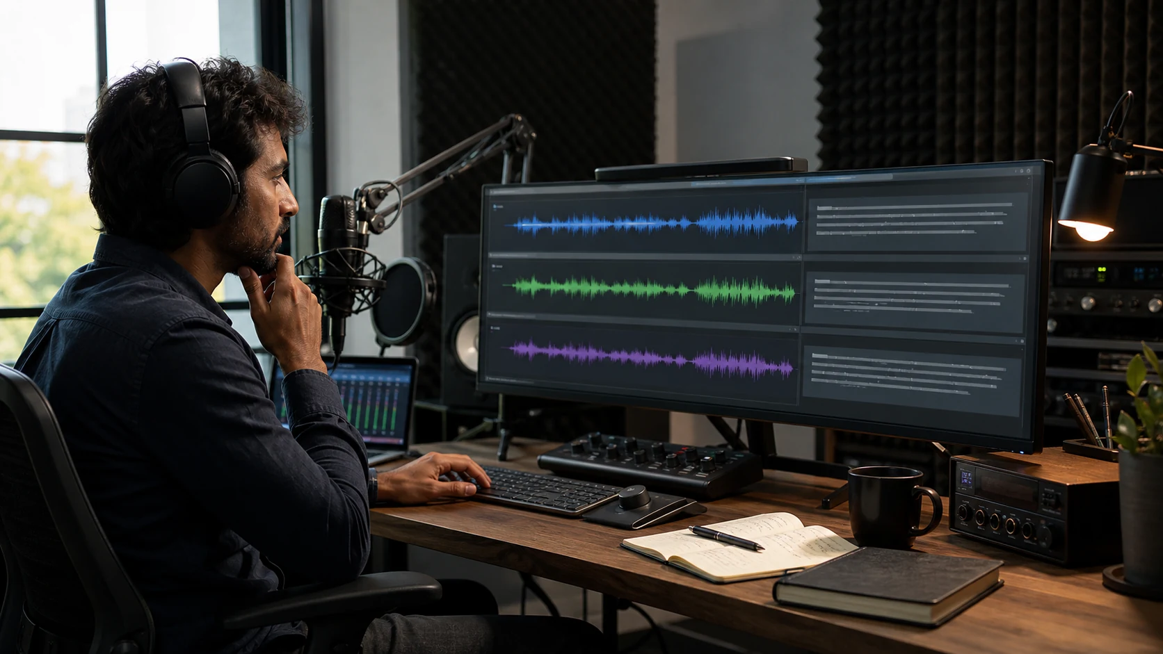 An audio engineer comparing three speech-to-text workflows on a studio workstation
