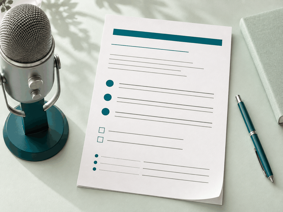 A studio recorder beside a printed one-page summary brief with an overview block and a bulleted key-points list