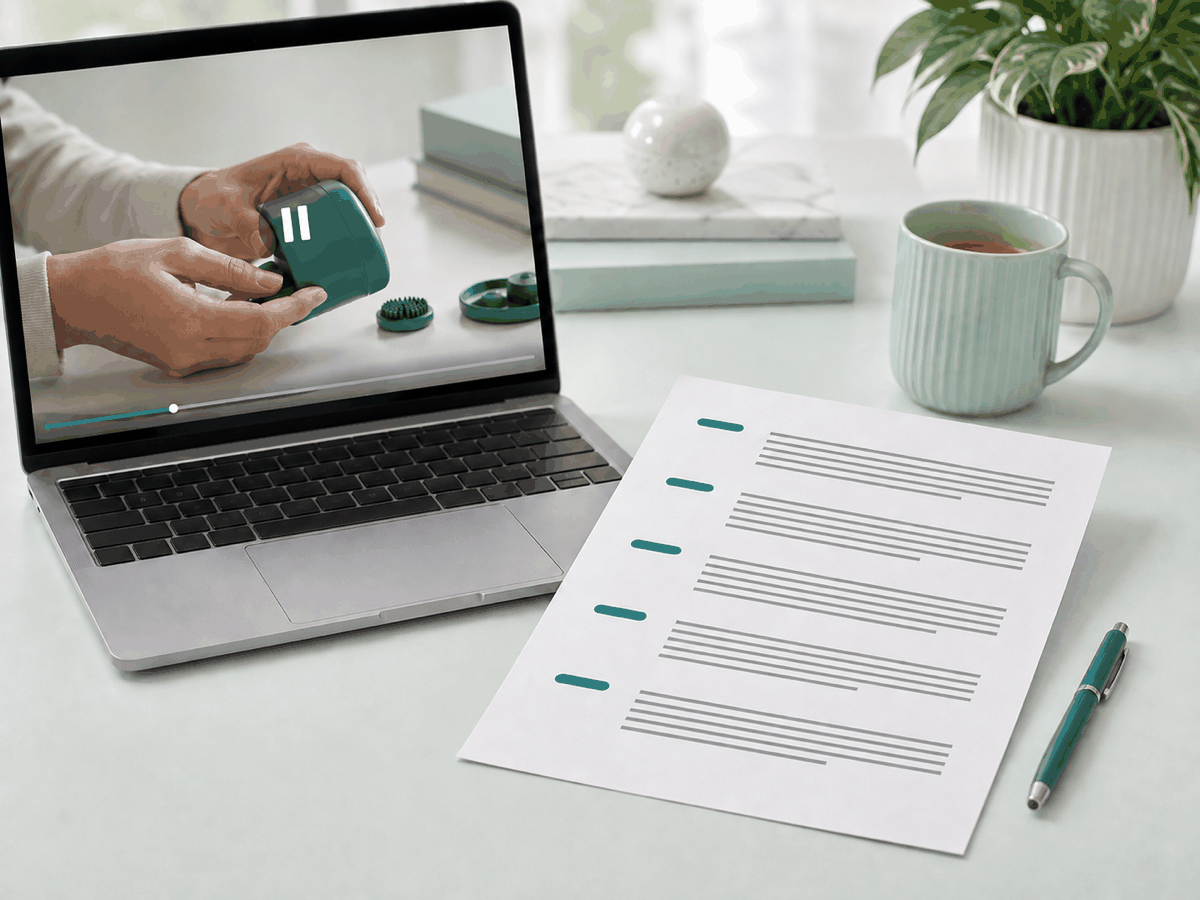A laptop paused on a product walkthrough frame beside a printed timestamped transcript page